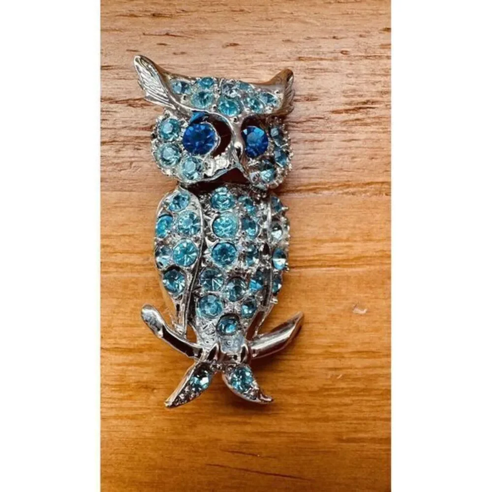 Vintage Silver-tone Baby Blue Rhinestone Owl Pin Brooch Blue Eyes Set‎ Of Two